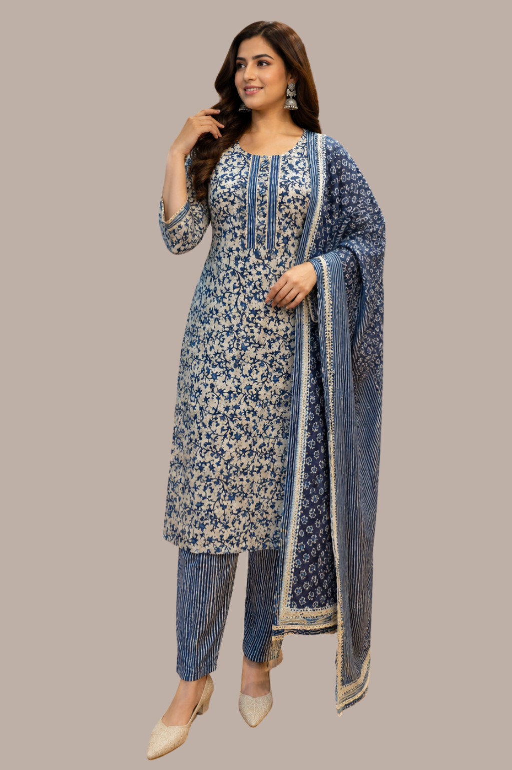 Indigo Blue Cotton Floral Jaal Print Kurta Set with Striped Trousers & Dupatta