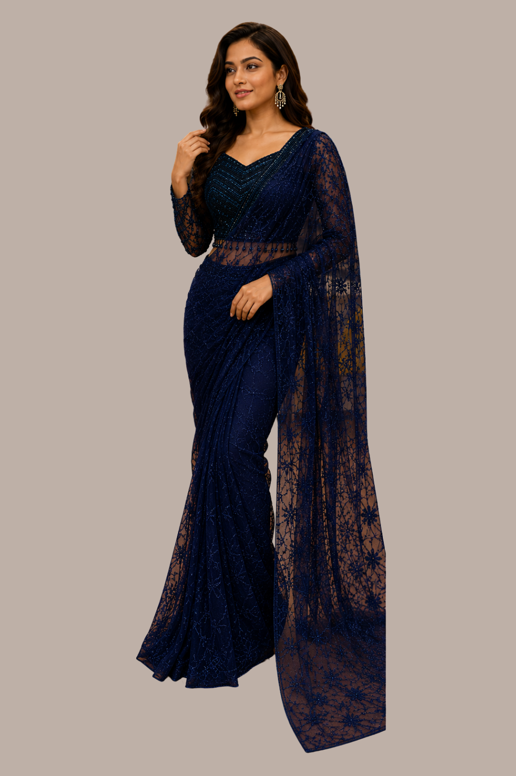 Midnight Navy Blue Ready-to-Wear Net Saree with Heavy Sequin & Bead Embroidered Blouse