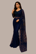Midnight Navy Blue Ready-to-Wear Net Saree with Heavy Sequin & Bead Embroidered Blouse