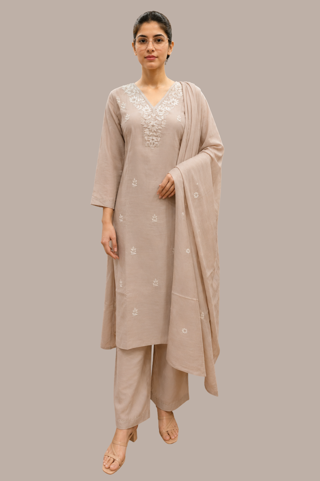 Pastel Taupe Chanderi Silk Embroidered Kurta Set with Trousers & Dupatta