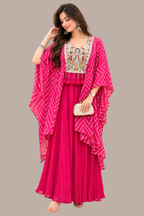 Magenta Pink Leheriya Print Kaftan Cape Set with Embroidered Maxi Dress