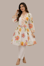 Ivory & Ochre Floral Print Flared A-Line Tunic with Embroidered V-Neck