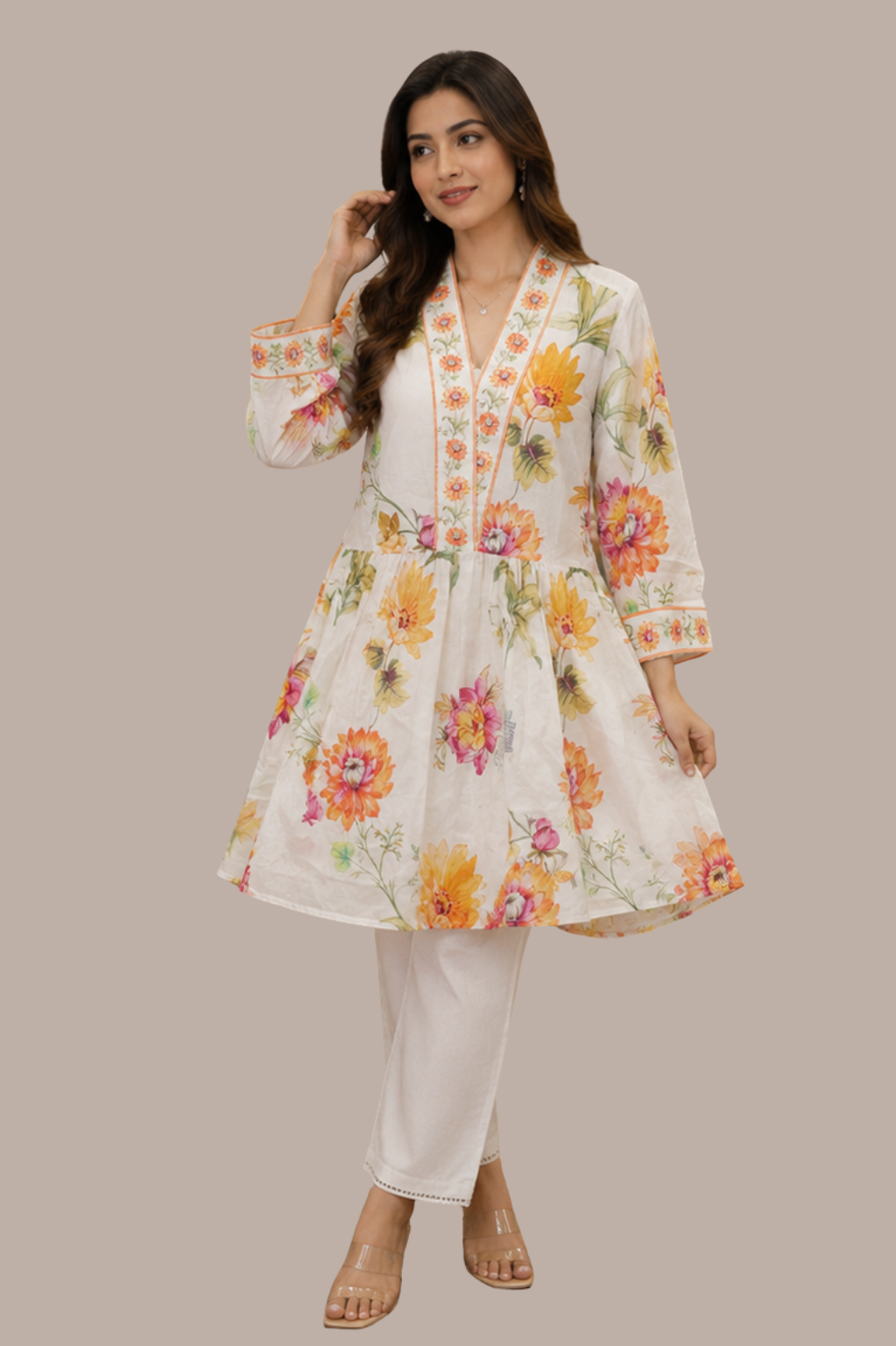 Ivory & Ochre Floral Print Flared A-Line Tunic with Embroidered V-Neck