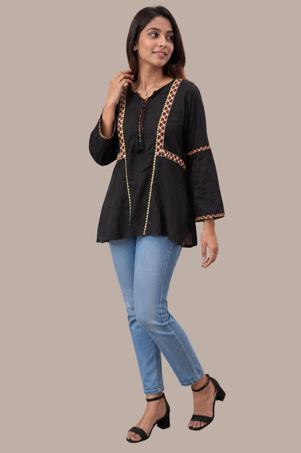 Jet Black Short Cotton Kurti with Boho Geometric Embroidery & Bell Sleeves