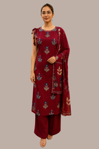 Maroon Floral Print Sleeveless Kurta Set with Wide-Leg Trousers & Dupatta