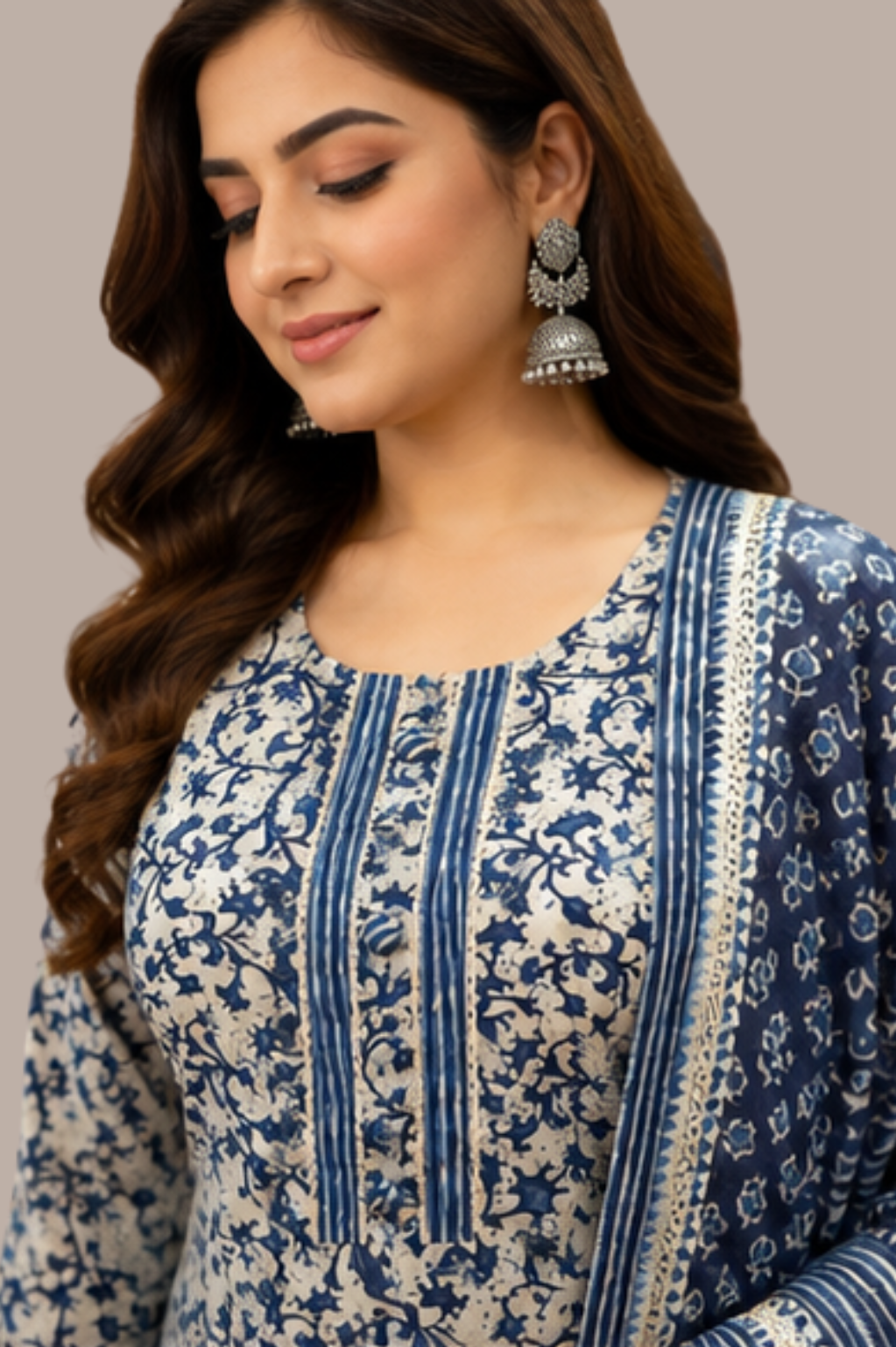 Indigo Blue Cotton Floral Jaal Print Kurta Set with Striped Trousers & Dupatta