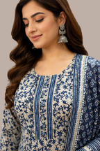 Indigo Blue Cotton Floral Jaal Print Kurta Set with Striped Trousers & Dupatta