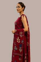 Maroon Floral Print Sleeveless Kurta Set with Wide-Leg Trousers & Dupatta