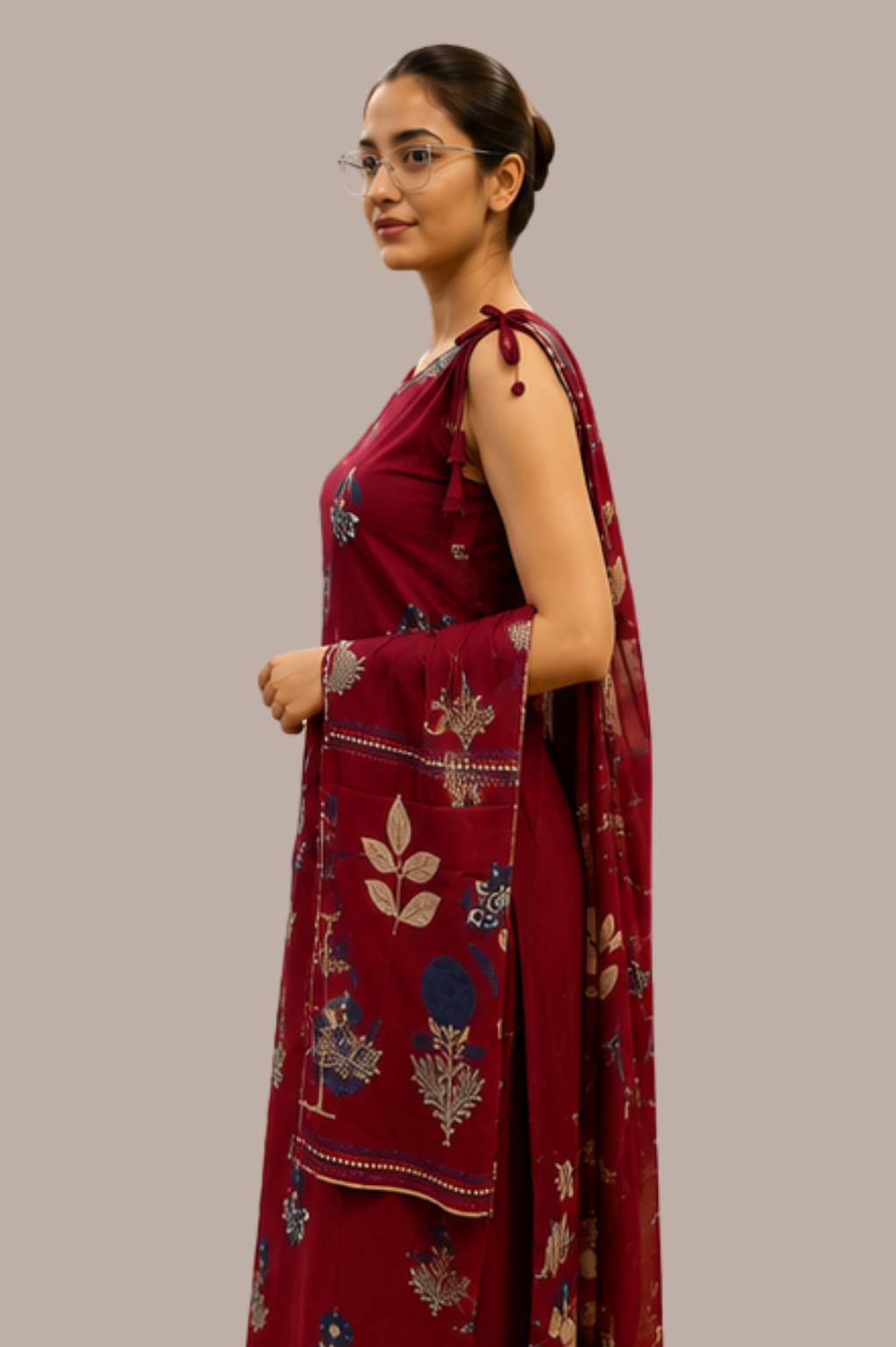 Maroon Floral Print Sleeveless Kurta Set with Wide-Leg Trousers & Dupatta