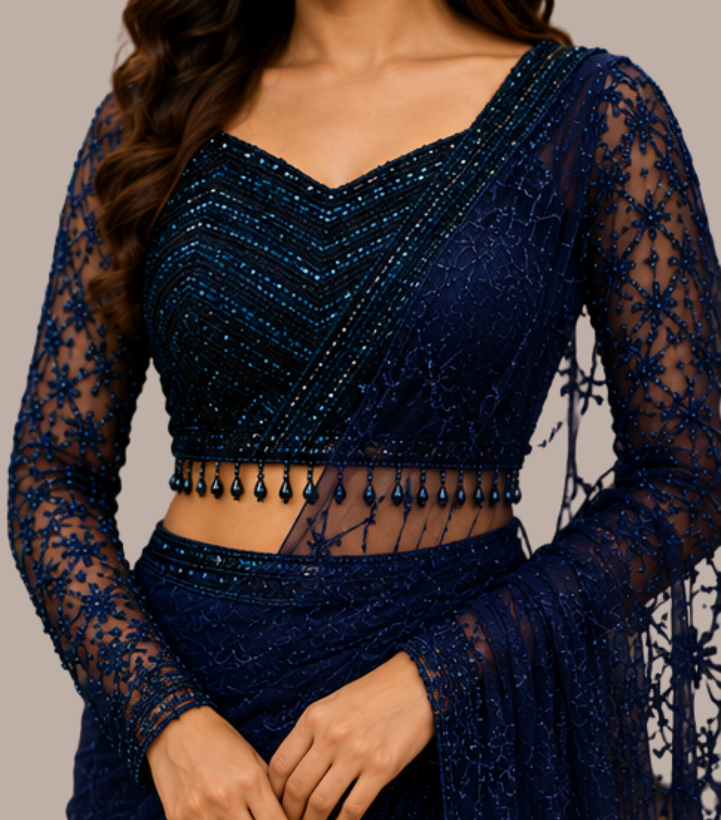 Midnight Navy Blue Ready-to-Wear Net Saree with Heavy Sequin & Bead Embroidered Blouse