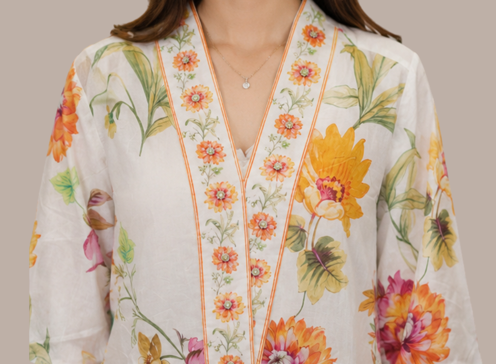 Ivory & Ochre Floral Print Flared A-Line Tunic with Embroidered V-Neck