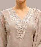 Pastel Taupe Chanderi Silk Embroidered Kurta Set with Trousers & Dupatta