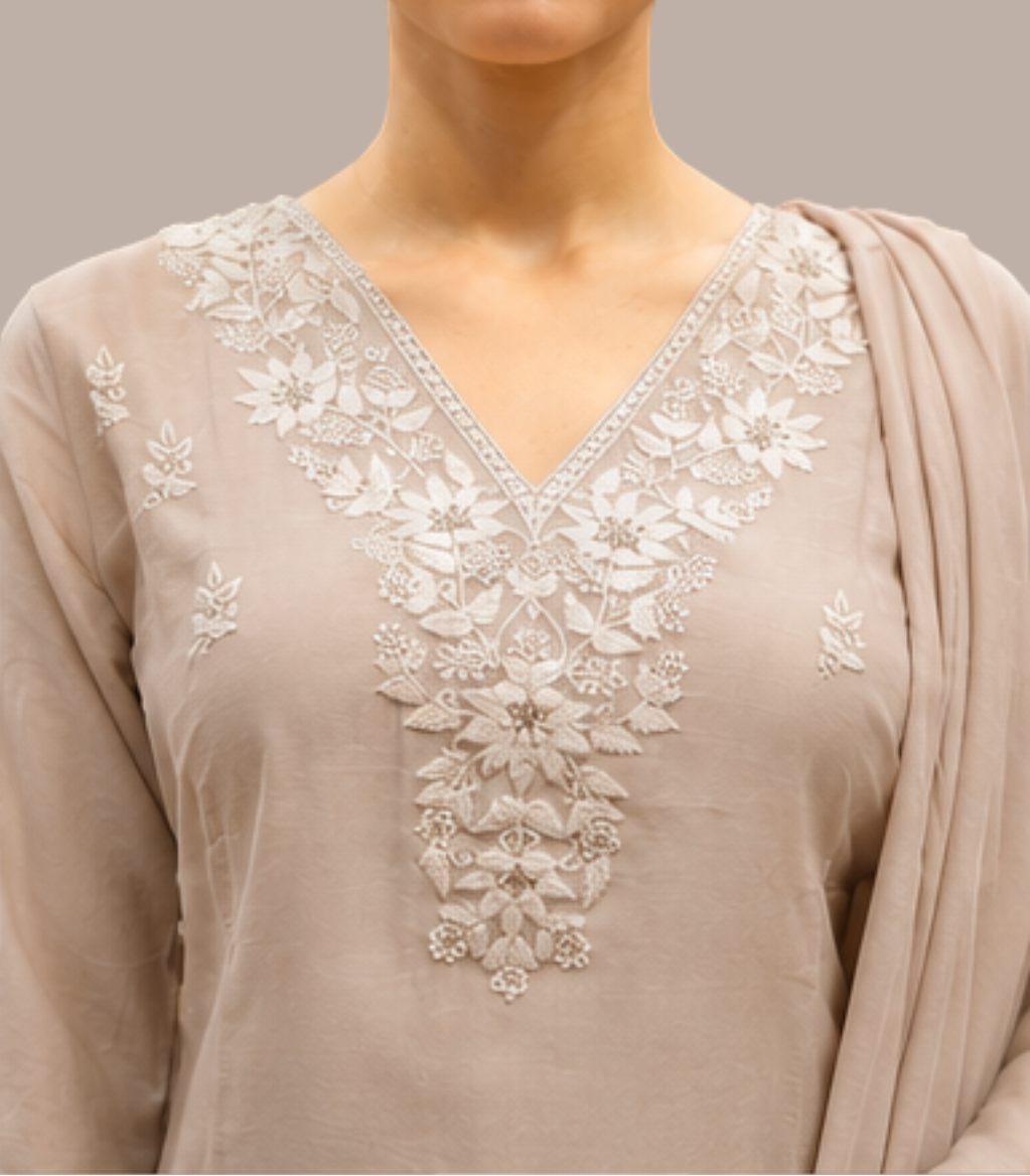 Pastel Taupe Chanderi Silk Embroidered Kurta Set with Trousers & Dupatta