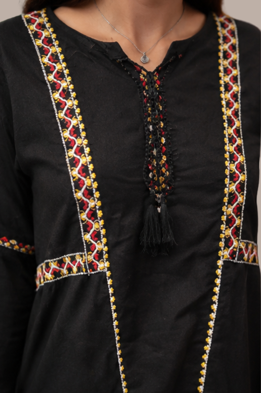 Jet Black Short Cotton Kurti with Boho Geometric Embroidery & Bell Sleeves