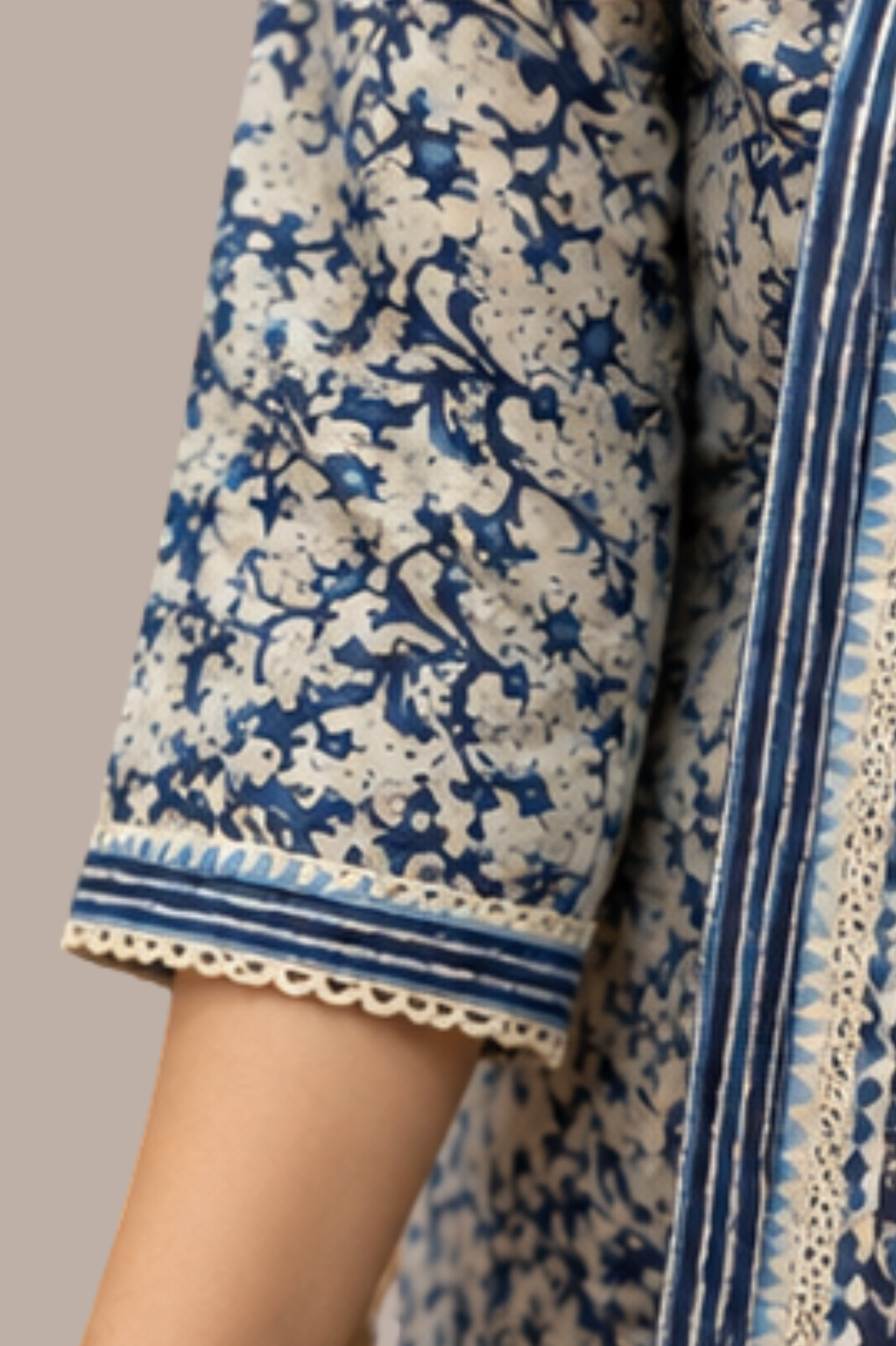 Indigo Blue Cotton Floral Jaal Print Kurta Set with Striped Trousers & Dupatta