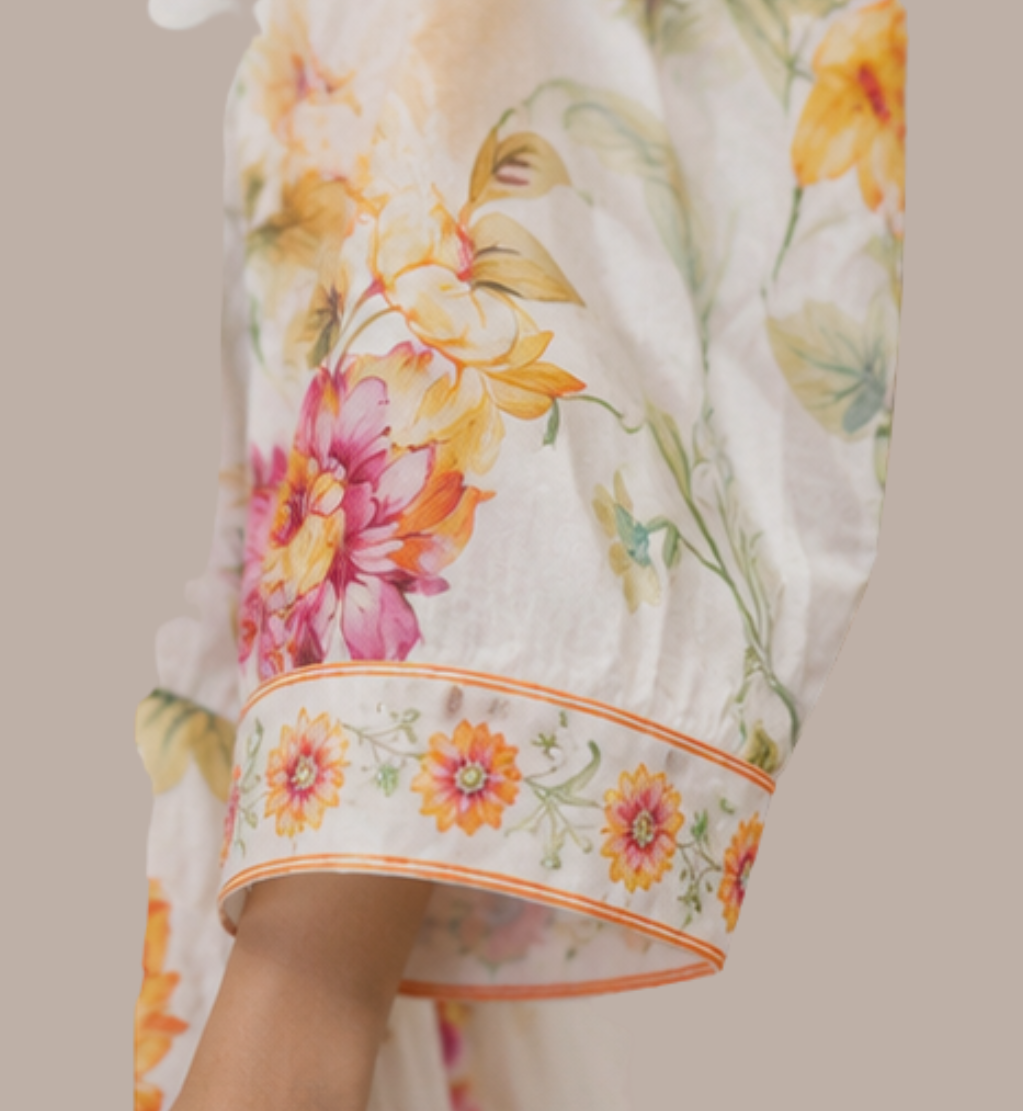 Ivory & Ochre Floral Print Flared A-Line Tunic with Embroidered V-Neck