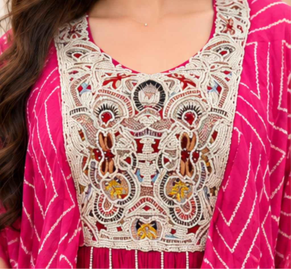 Magenta Pink Leheriya Print Kaftan Cape Set with Embroidered Maxi Dress