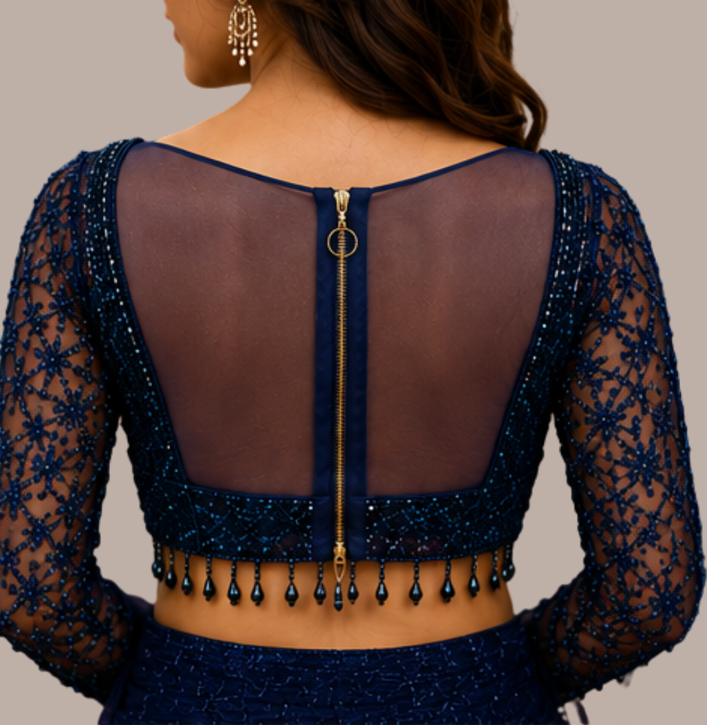 Midnight Navy Blue Ready-to-Wear Net Saree with Heavy Sequin & Bead Embroidered Blouse