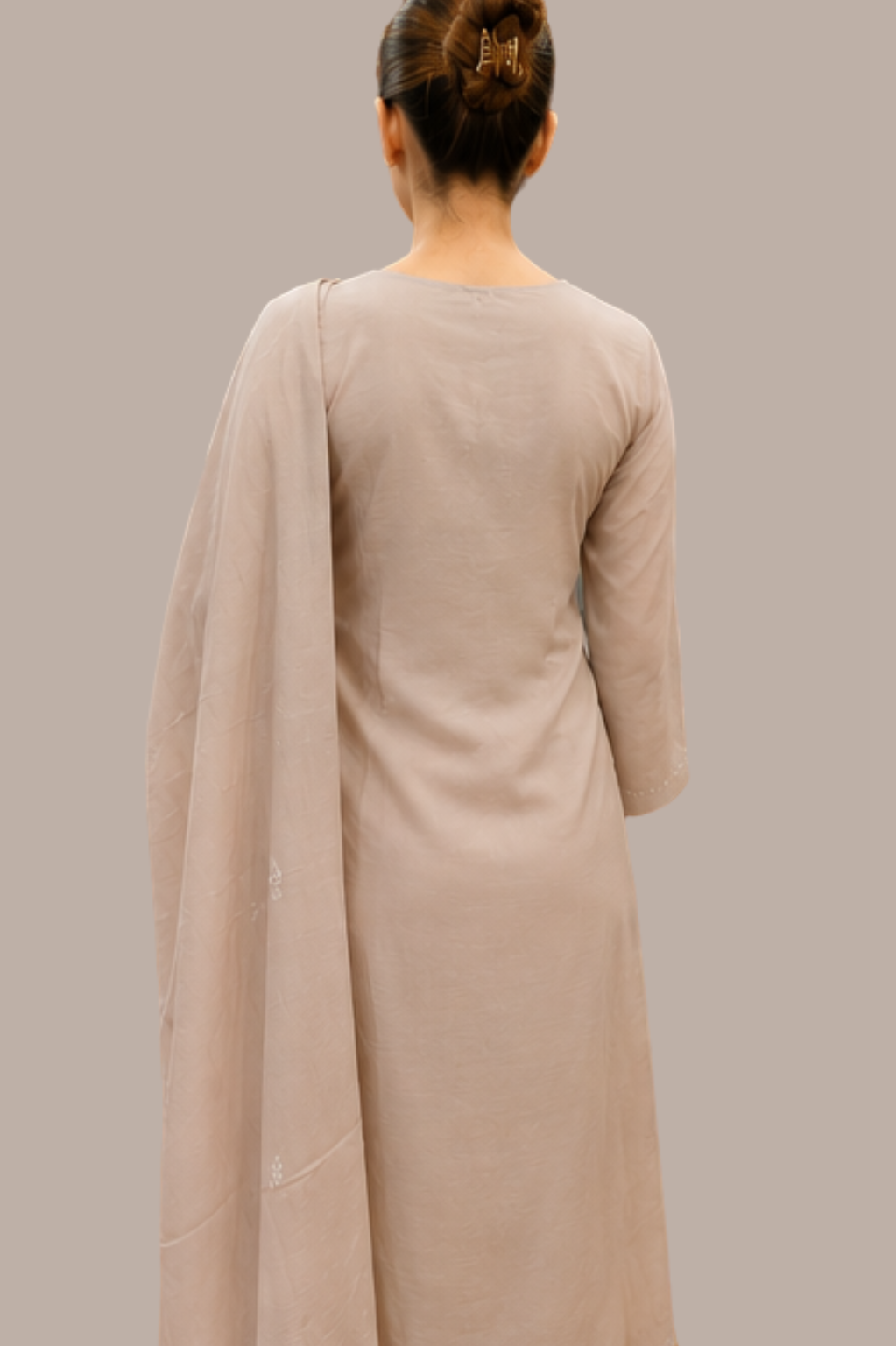 Pastel Taupe Chanderi Silk Embroidered Kurta Set with Trousers & Dupatta