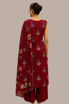 Maroon Floral Print Sleeveless Kurta Set with Wide-Leg Trousers & Dupatta
