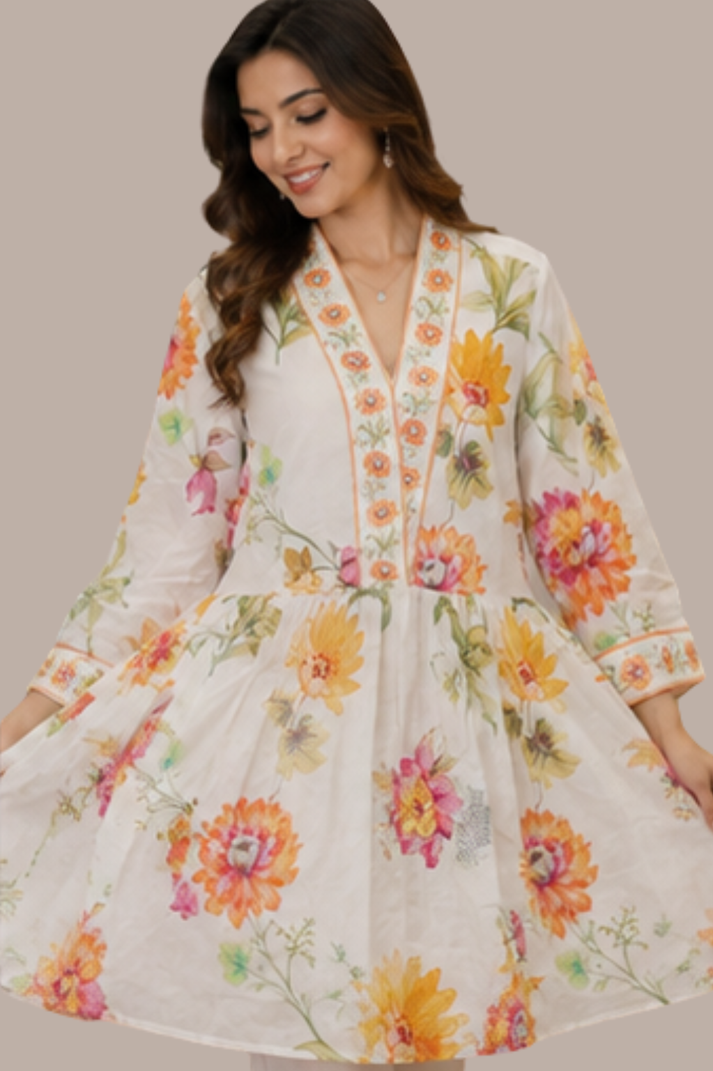 Ivory & Ochre Floral Print Flared A-Line Tunic with Embroidered V-Neck