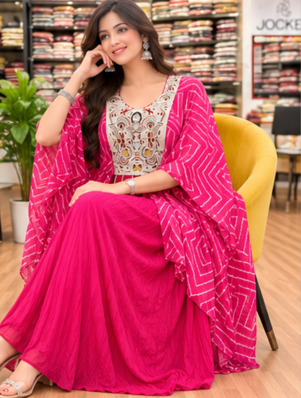 Magenta Pink Leheriya Print Kaftan Cape Set with Embroidered Maxi Dress