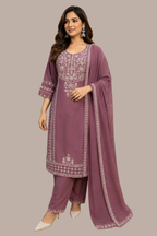 Mauve Purple Rayon Embroidered Kurta Set with Trousers & Chiffon Dupatta