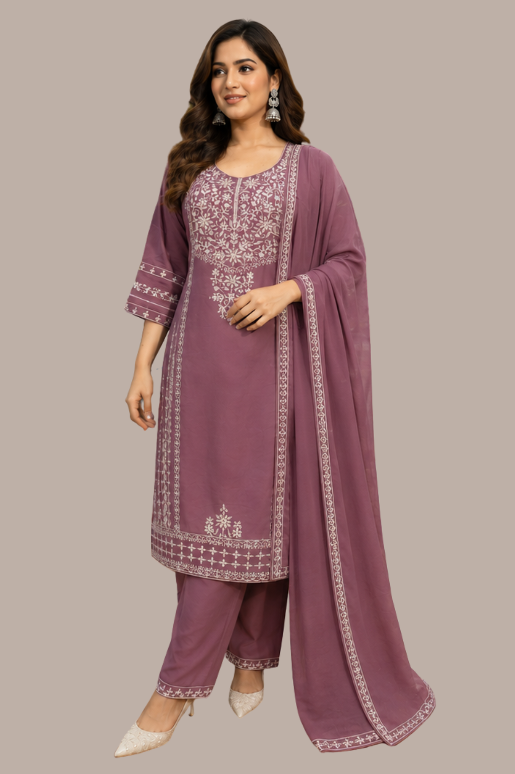 Mauve Purple Rayon Embroidered Kurta Set with Trousers & Chiffon Dupatta