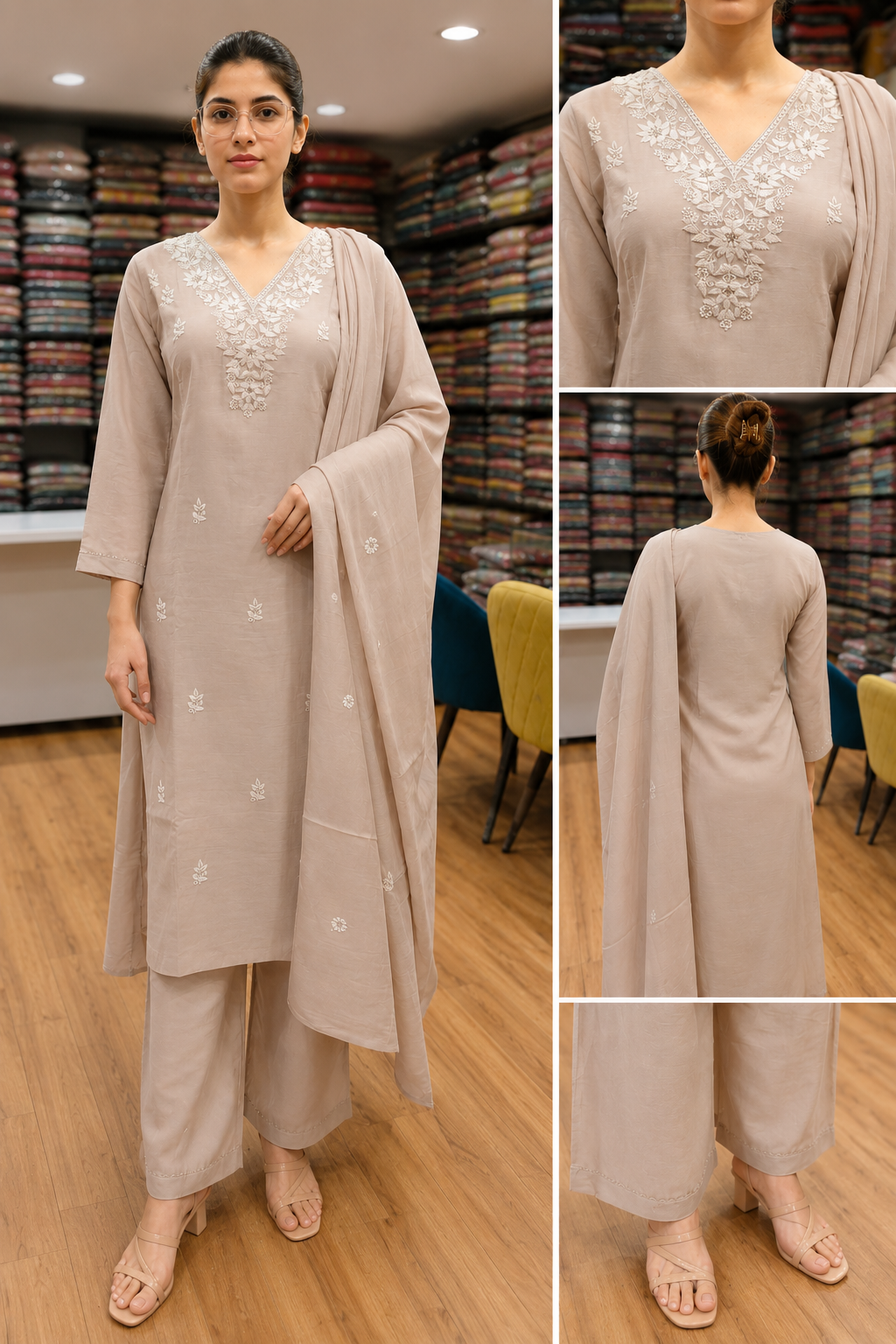 Vandana Creations Pastel Taupe Chanderi Silk Embroidered Kurta Set with Trousers & Dupatta