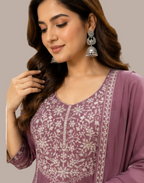 Mauve Purple Rayon Embroidered Kurta Set with Trousers & Chiffon Dupatta