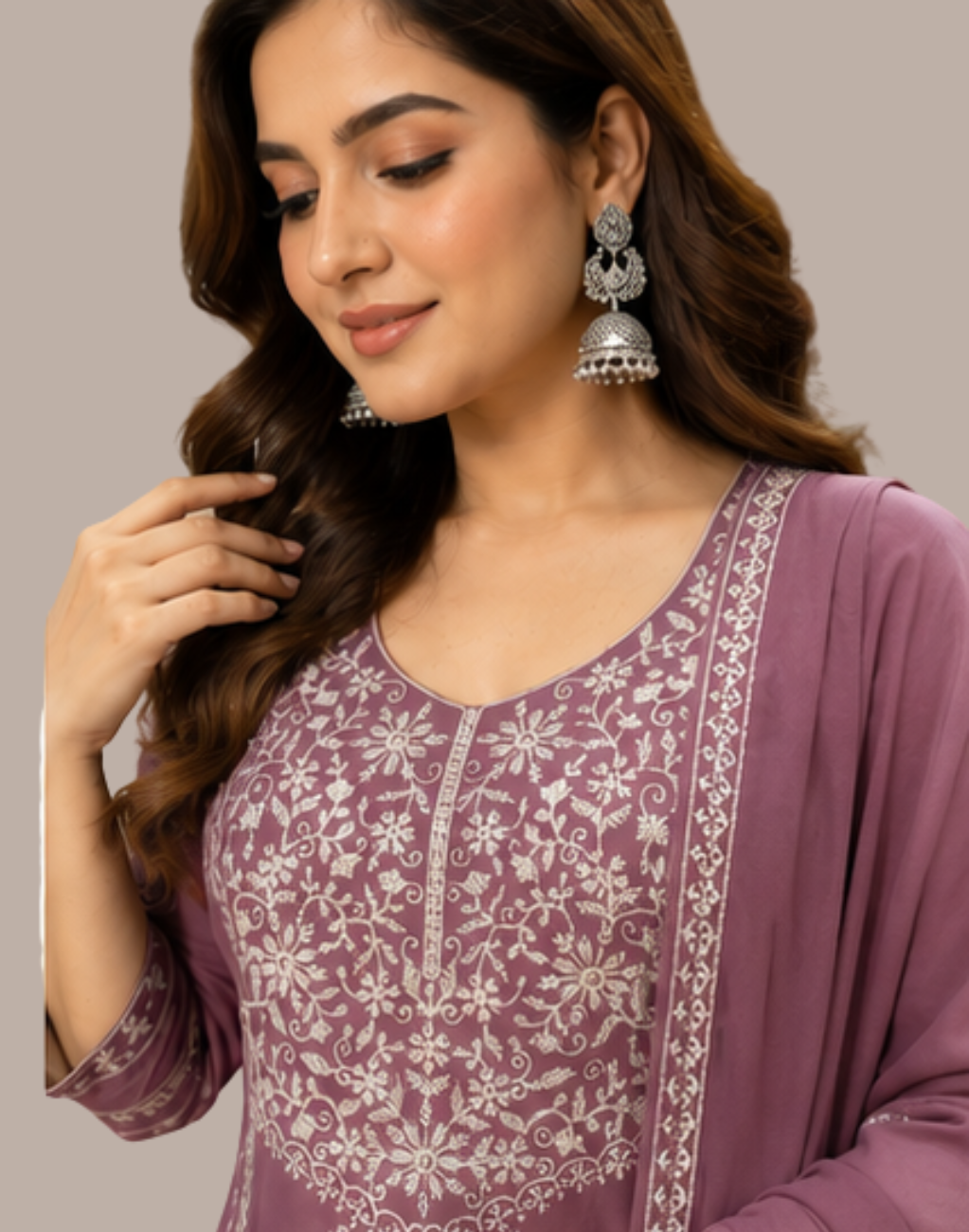 Mauve Purple Rayon Embroidered Kurta Set with Trousers & Chiffon Dupatta
