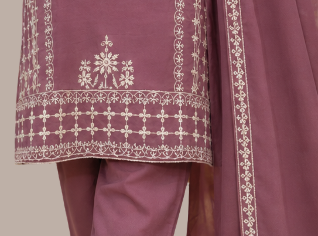 Mauve Purple Rayon Embroidered Kurta Set with Trousers & Chiffon Dupatta