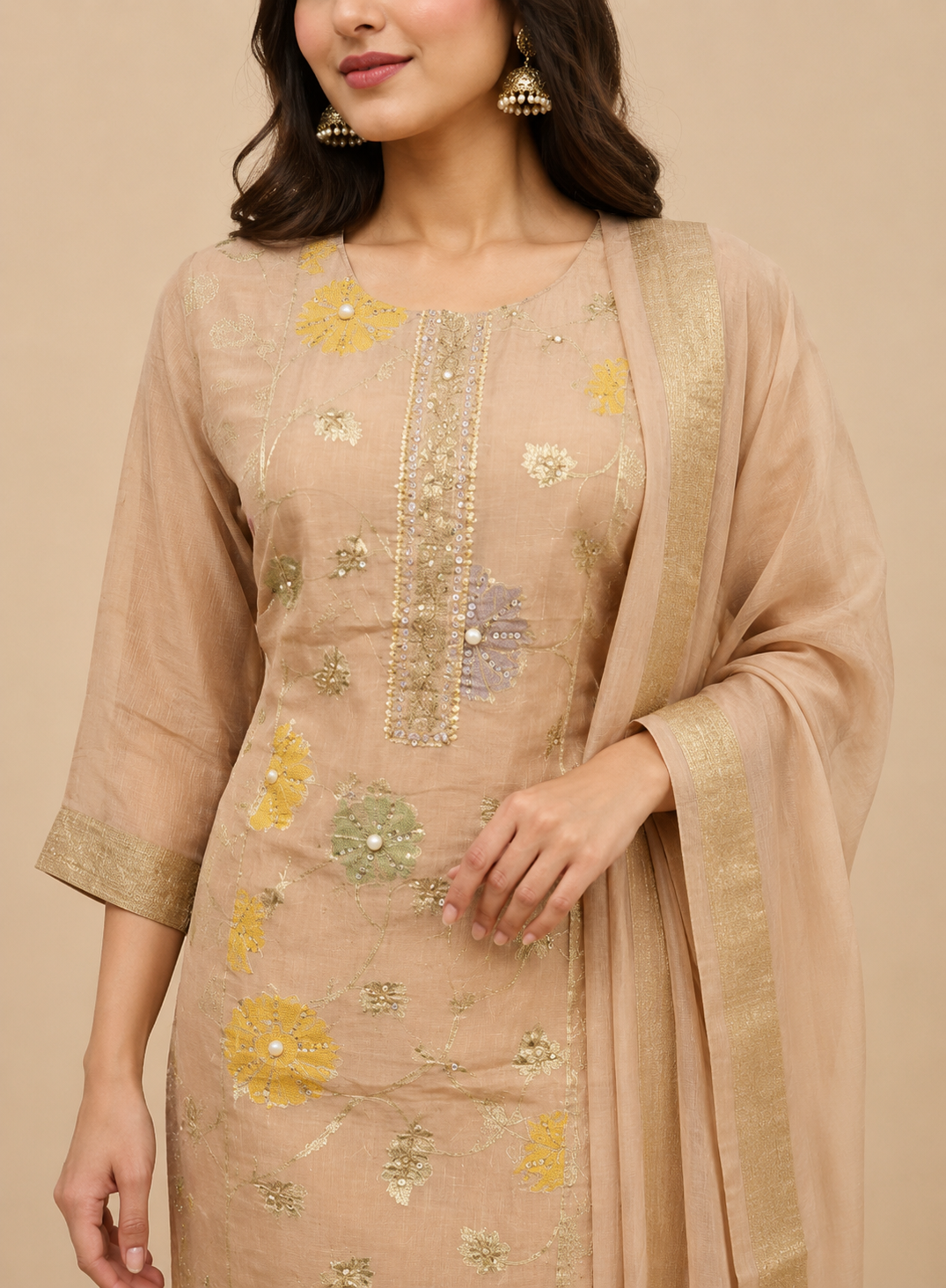 nude brown embroidery cotton suit