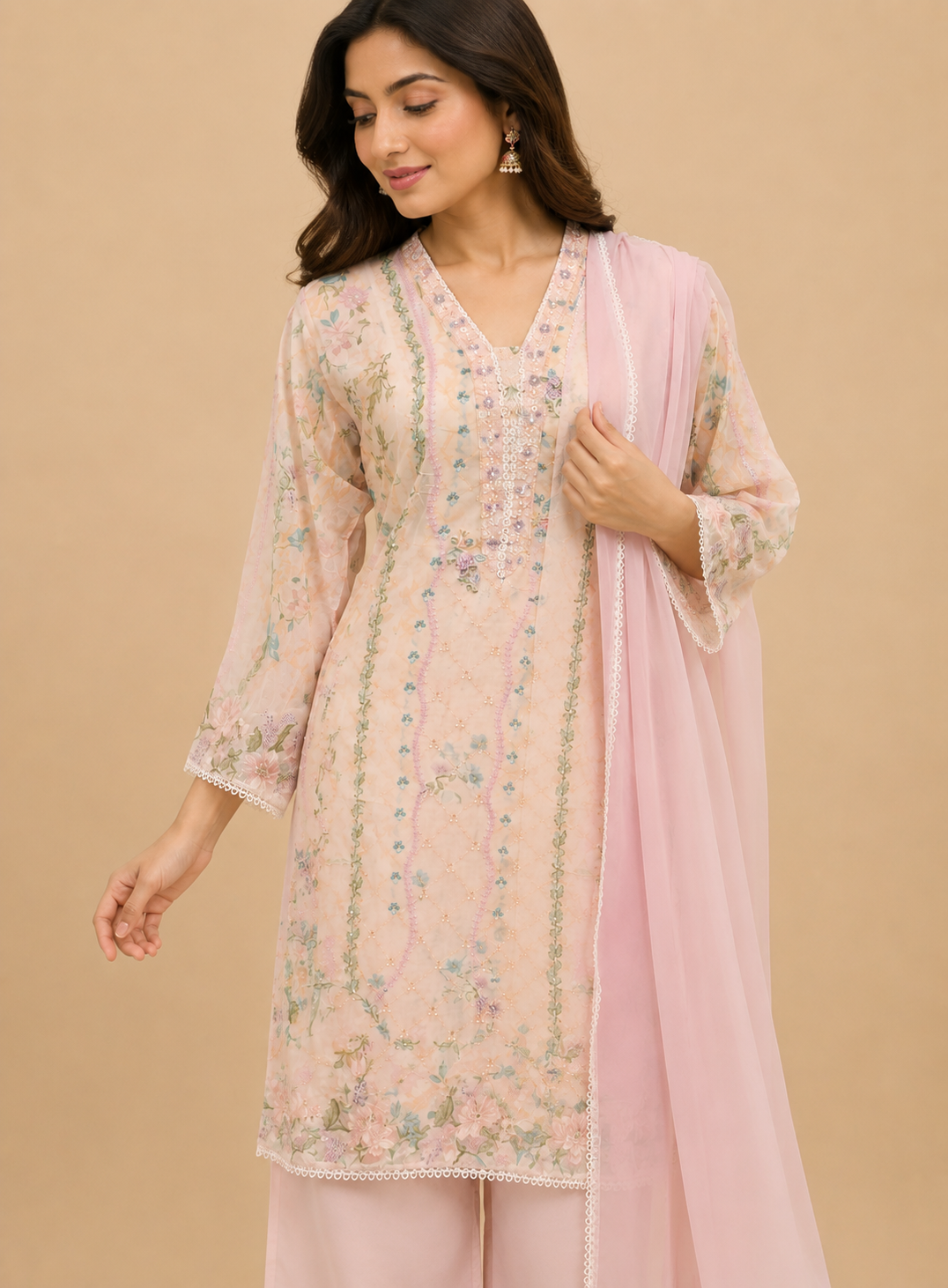 floral peach suit with contrast pink