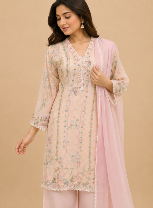 floral peach suit with contrast pink
