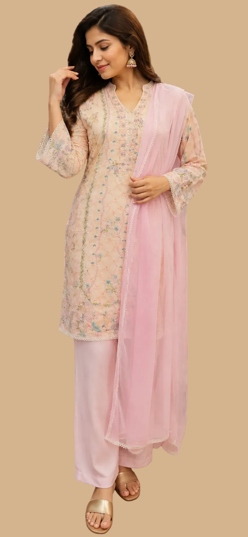 floral peach suit with contrast pink