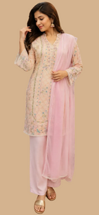 floral peach suit with contrast pink