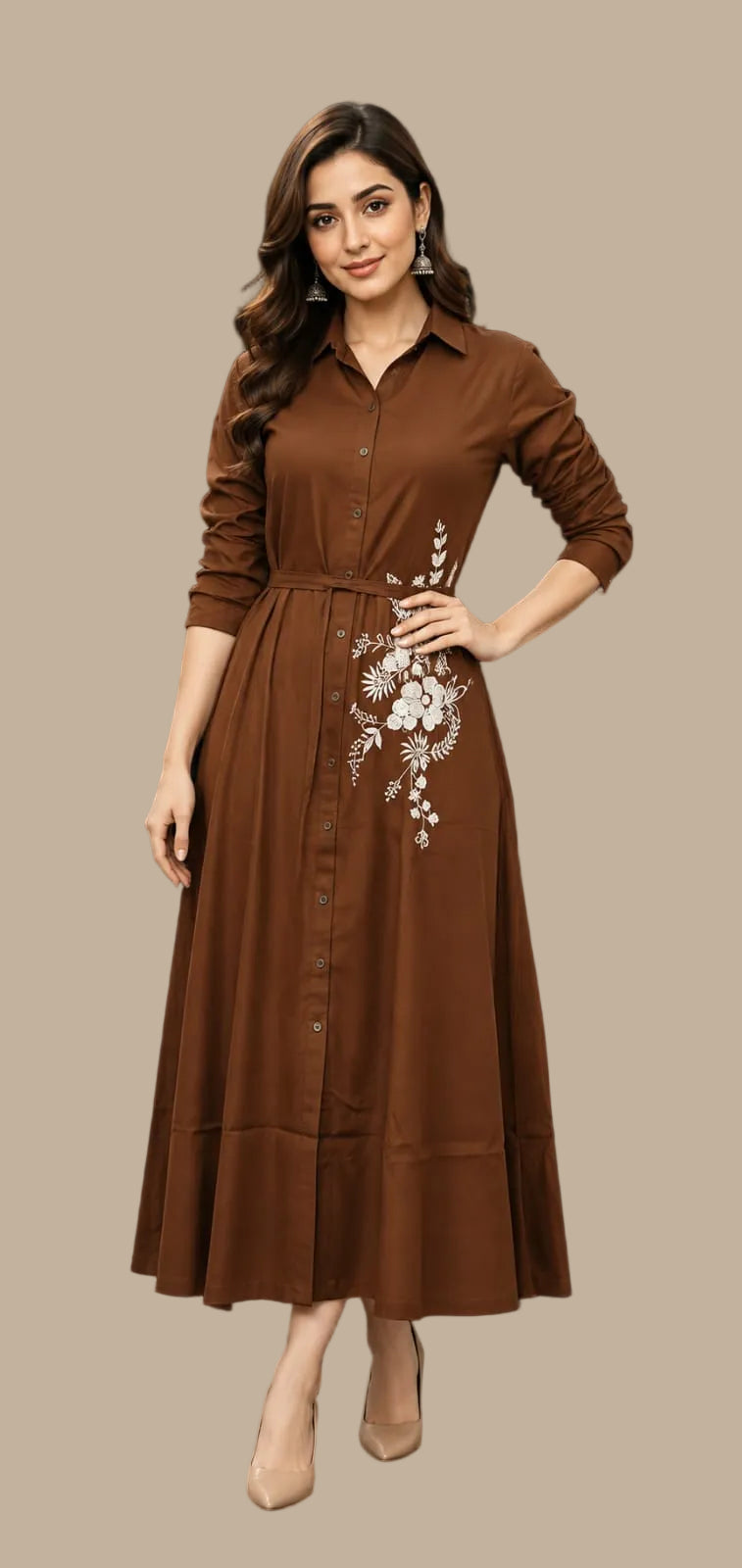 modern brown dress with print