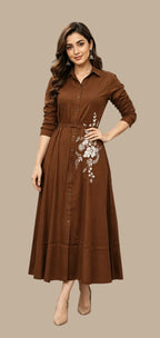 modern brown dress with print