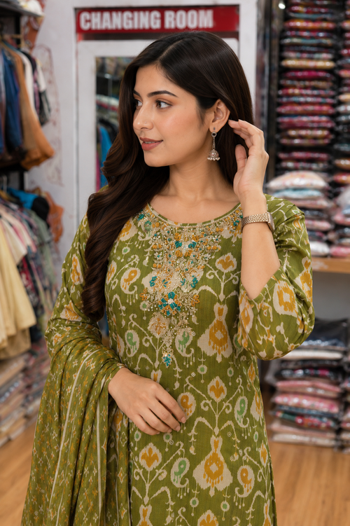 Green printed suit mehandi pattern