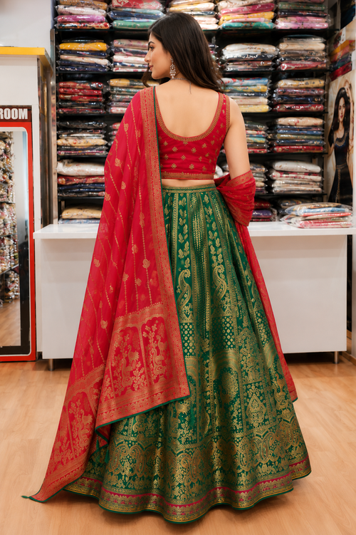 Banarasi Silk lehanga Red & Green contrast