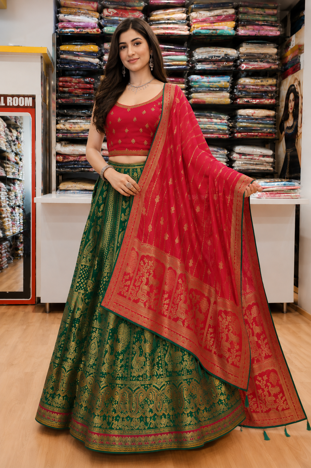 Banarasi Silk lehanga Red & Green contrast