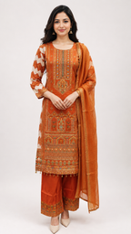 orange color suit in silk fabric vandana creations