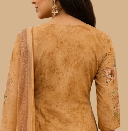 Mustard Ochre Printed Kurta Set with Floral Thread Embroidery & Coordinating Dupatta