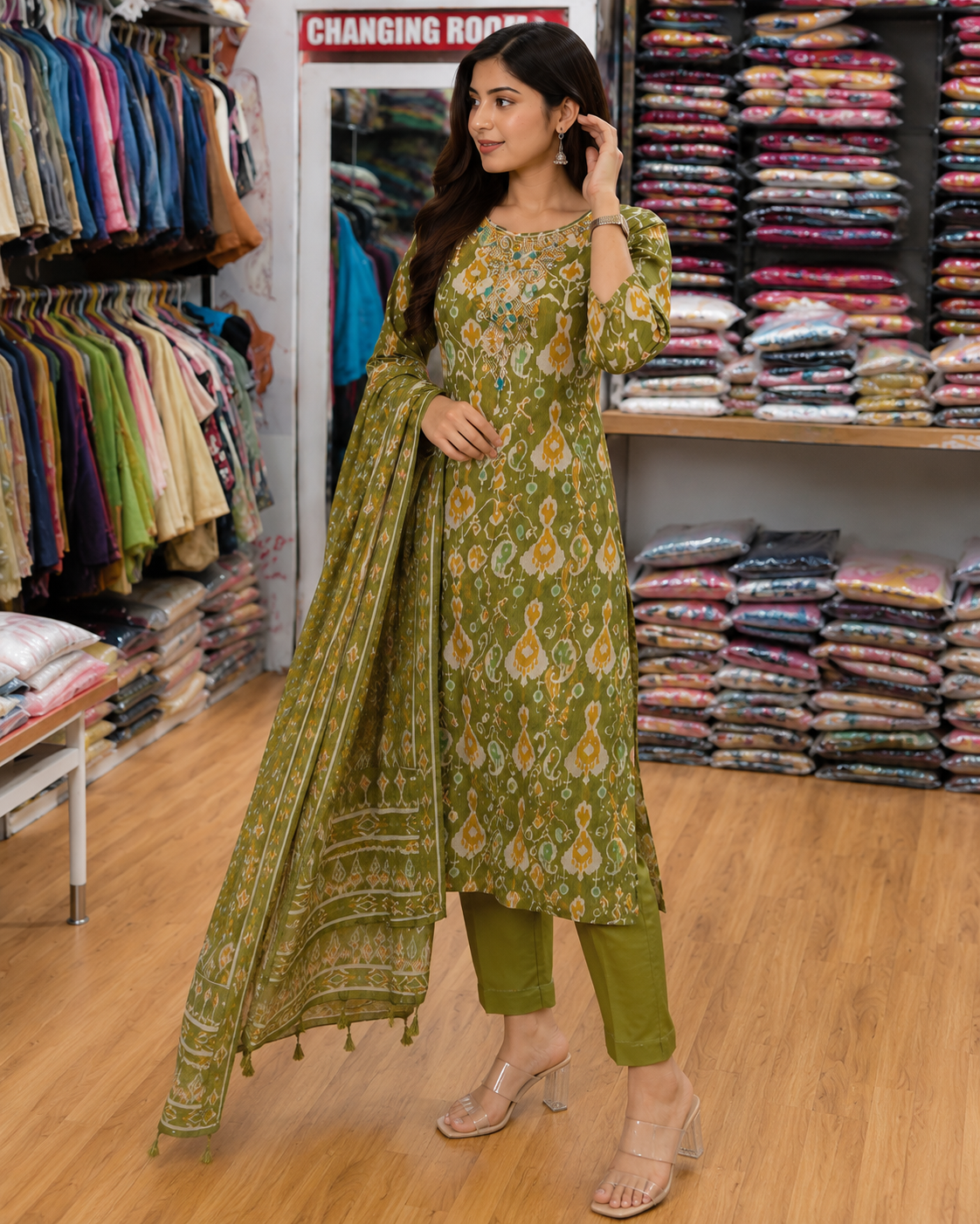 Green printed suit mehandi pattern