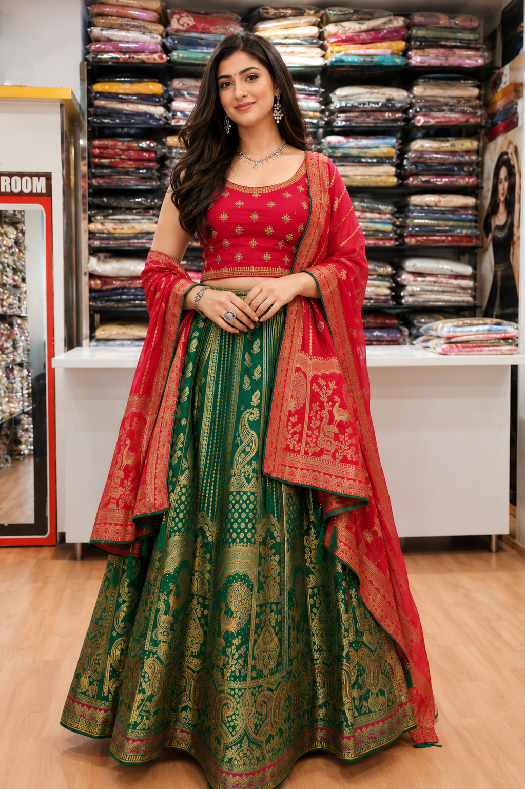 Banarasi Silk lehanga Red & Green contrast