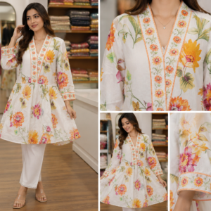 Ivory & Ochre Floral Print Flared A-Line Tunic with Embroidered V-Neck