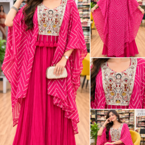 Magenta Pink Leheriya Print Kaftan Cape Set with Embroidered Maxi Dress