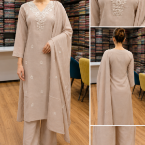 Vandana Creations Pastel Taupe Chanderi Silk Embroidered Kurta Set with Trousers & Dupatta