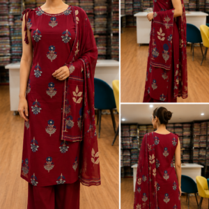 Maroon Floral Print Sleeveless Kurta Set with Wide-Leg Trousers & Dupatta